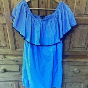 Blue Off-Shoulder Dress with Black Trim